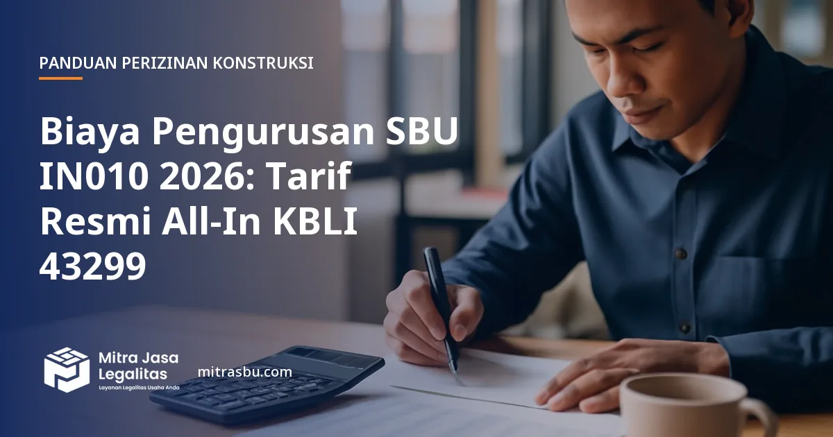 Ilustrasi artikel Biaya Pengurusan SBU IN010 2026: Tarif Resmi All-In KBLI 43299 — Mitra Jasa Legalitas