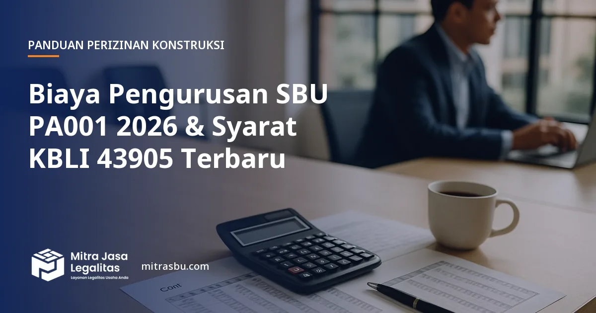 Ilustrasi artikel Biaya Pengurusan SBU PA001 2026 & Syarat KBLI 43905 Terbaru — Mitra Jasa Legalitas