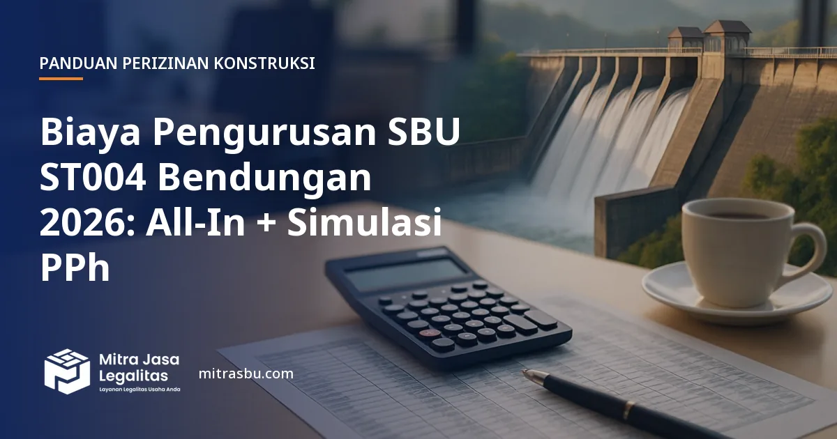 Ilustrasi artikel Biaya Pengurusan SBU ST004 Bendungan 2026: All-In + Simulasi PPh — Mitra Jasa Legalitas