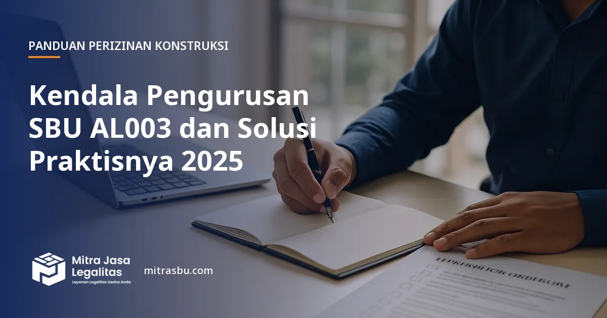 Ilustrasi artikel Kendala Pengurusan SBU AL003 dan Solusi Praktisnya 2025 — Mitra Jasa Legalitas