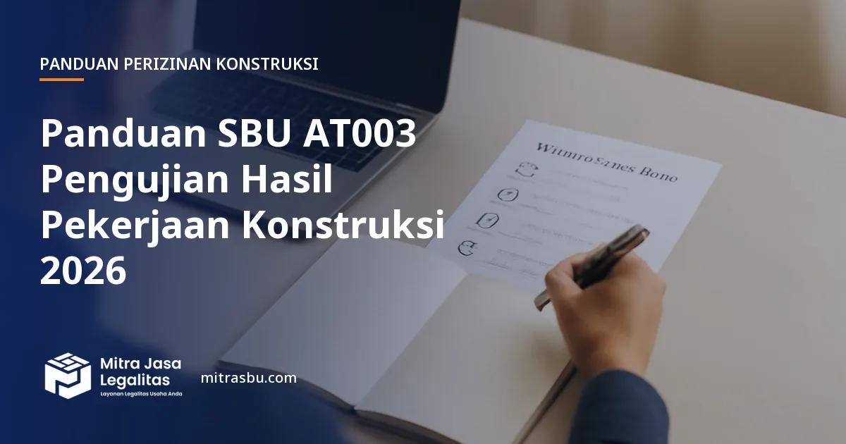 Ilustrasi panduan Panduan SBU AT003 Pengujian Hasil Pekerjaan Konstruksi 2026 — Mitra Jasa Legalitas