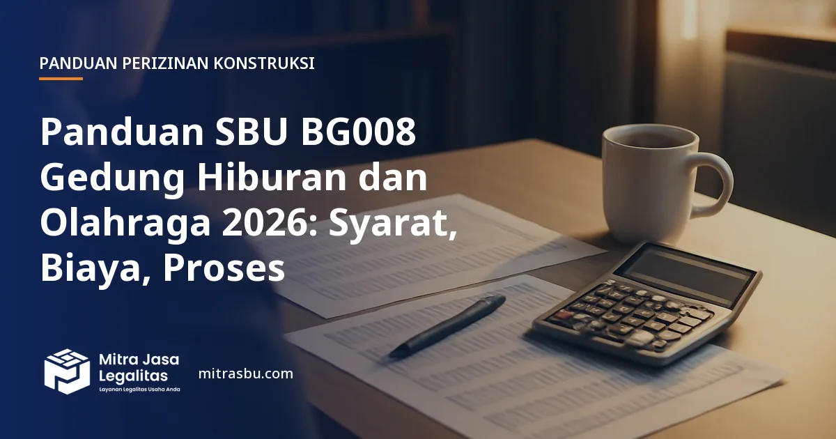 Ilustrasi panduan Panduan SBU BG008 Gedung Hiburan dan Olahraga 2026: Syarat, Biaya, Proses — Mitra Jasa Legalitas