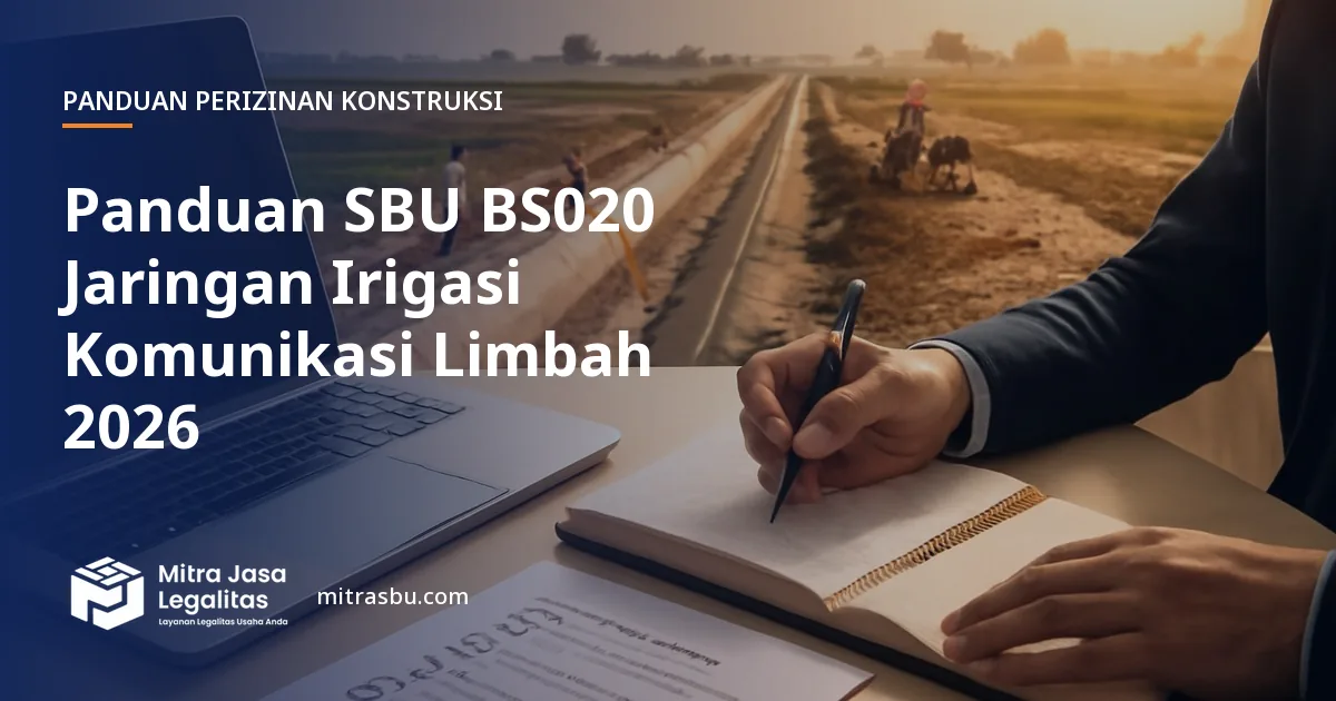 Ilustrasi panduan Panduan SBU BS020 Jaringan Irigasi Komunikasi Limbah 2026 — Mitra Jasa Legalitas