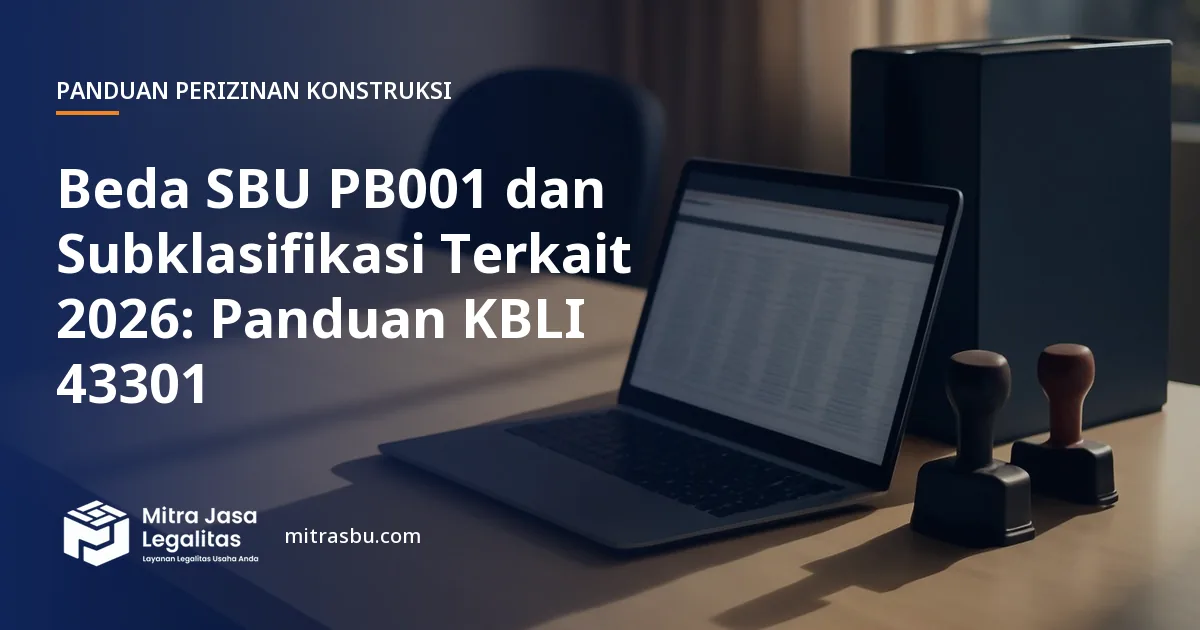 Ilustrasi artikel Beda SBU PB001 dan Subklasifikasi Terkait 2026: Panduan KBLI 43301 — Mitra Jasa Legalitas