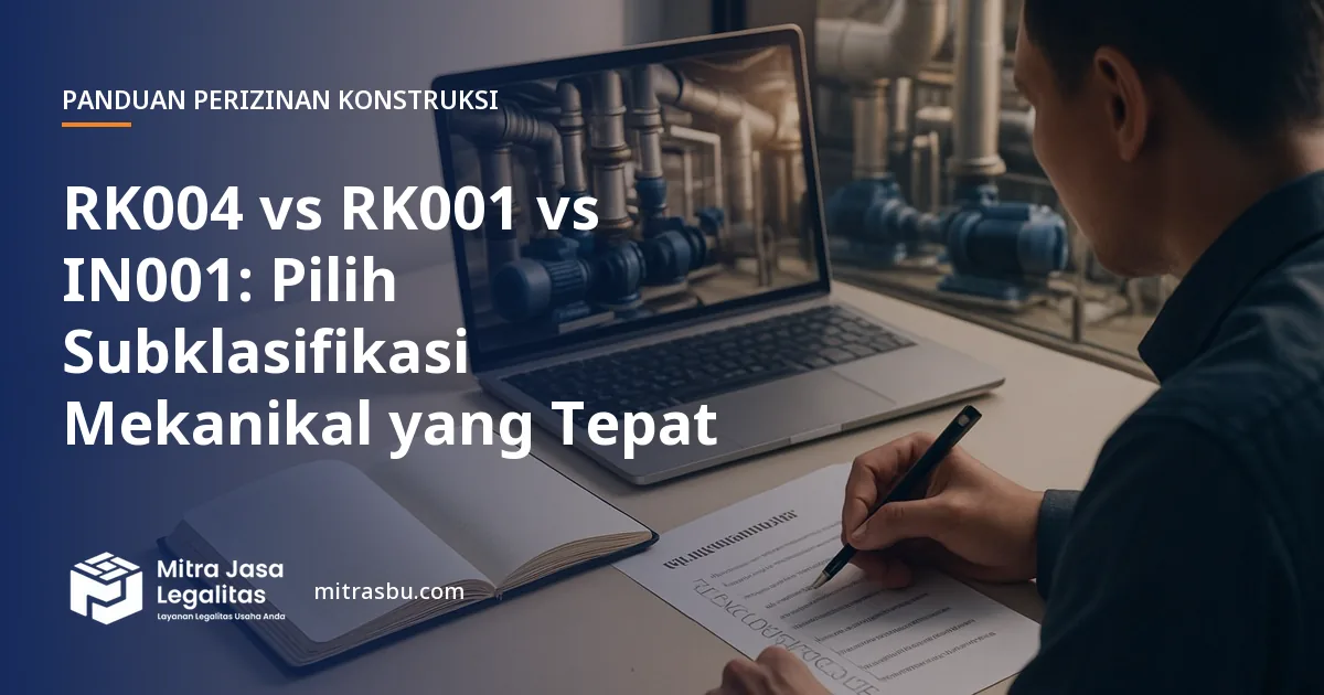 Ilustrasi artikel RK004 vs RK001 vs IN001: Pilih Subklasifikasi Mekanikal yang Tepat — Mitra Jasa Legalitas