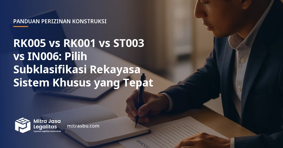 Ilustrasi artikel RK005 vs RK001 vs ST003 vs IN006: Pilih Subklasifikasi Rekayasa Sistem Khusus yang Tepat — Mitra Jasa Legalitas