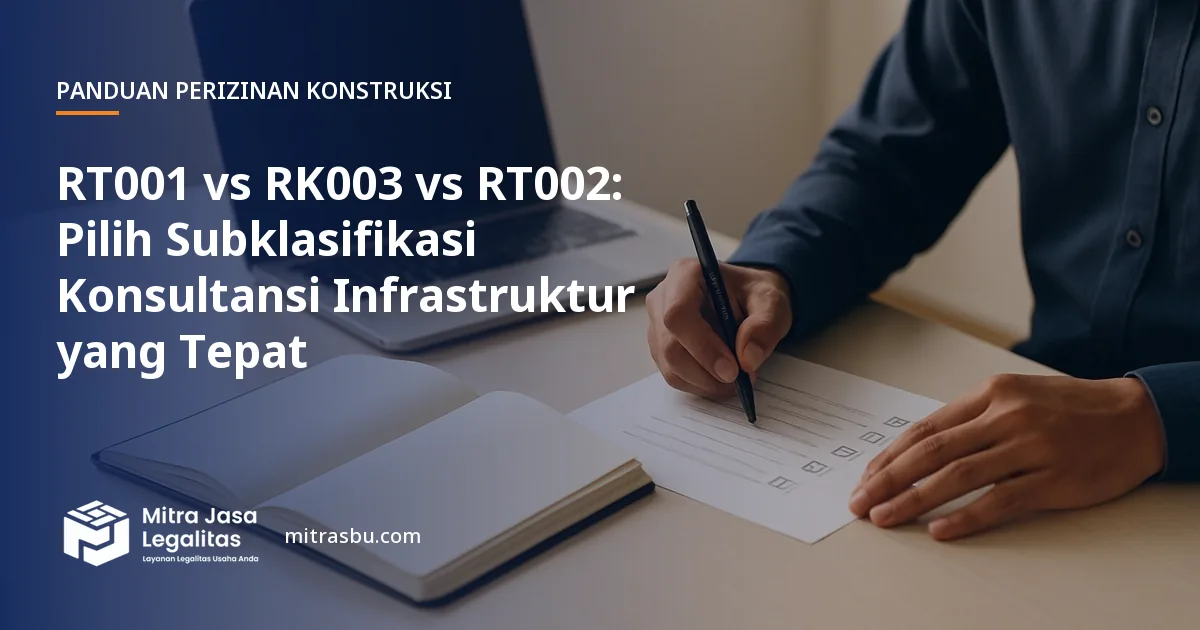 Ilustrasi artikel RT001 vs RK003 vs RT002: Pilih Subklasifikasi Konsultansi Infrastruktur yang Tepat — Mitra Jasa Legalitas