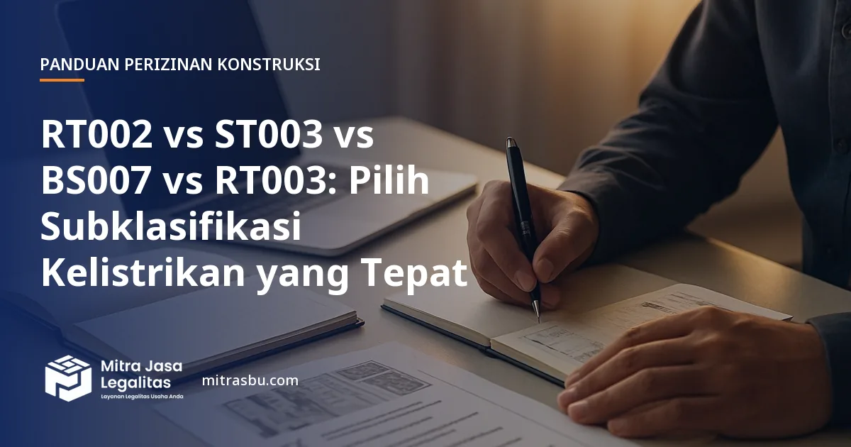 Ilustrasi artikel RT002 vs ST003 vs BS007 vs RT003: Pilih Subklasifikasi Kelistrikan yang Tepat — Mitra Jasa Legalitas