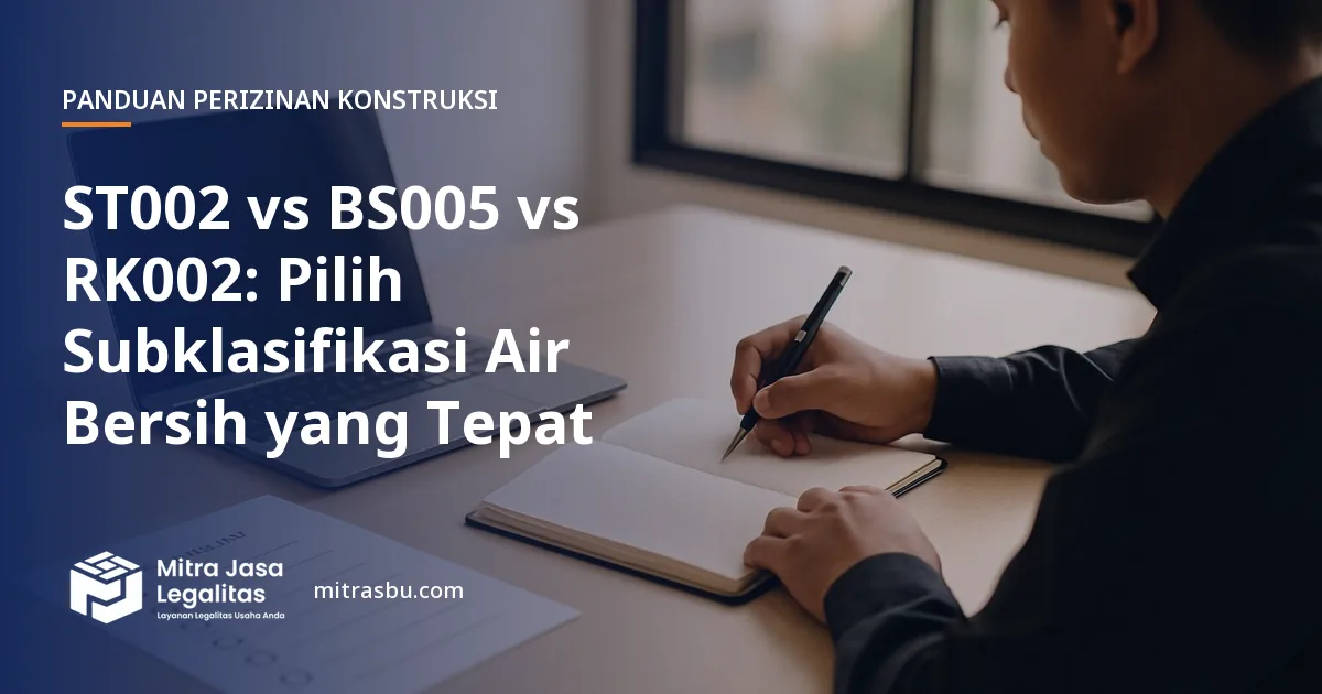 Ilustrasi artikel ST002 vs BS005 vs RK002: Pilih Subklasifikasi Air Bersih yang Tepat — Mitra Jasa Legalitas