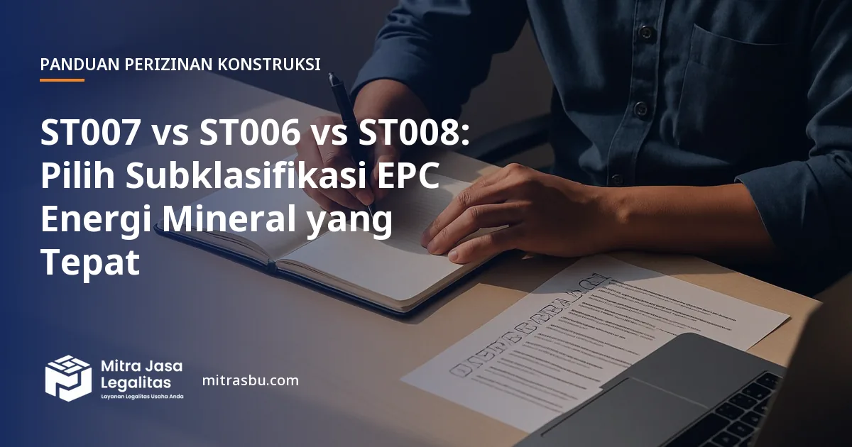Ilustrasi artikel ST007 vs ST006 vs ST008: Pilih Subklasifikasi EPC Energi Mineral yang Tepat — Mitra Jasa Legalitas
