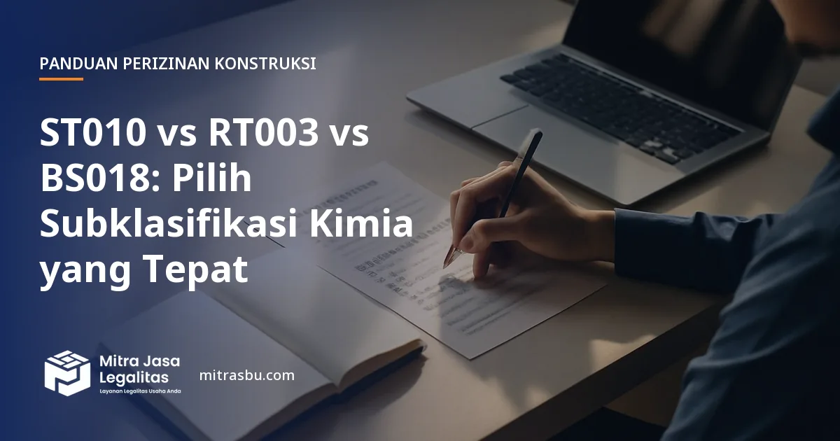 Ilustrasi artikel ST010 vs RT003 vs BS018: Pilih Subklasifikasi Kimia yang Tepat — Mitra Jasa Legalitas