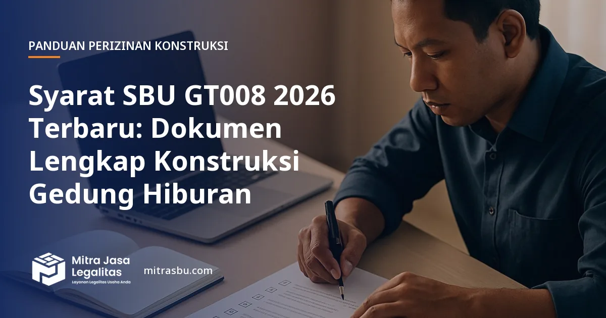 Ilustrasi artikel Syarat SBU GT008 2026 Terbaru: Dokumen Lengkap Konstruksi Gedung Hiburan — Mitra Jasa Legalitas